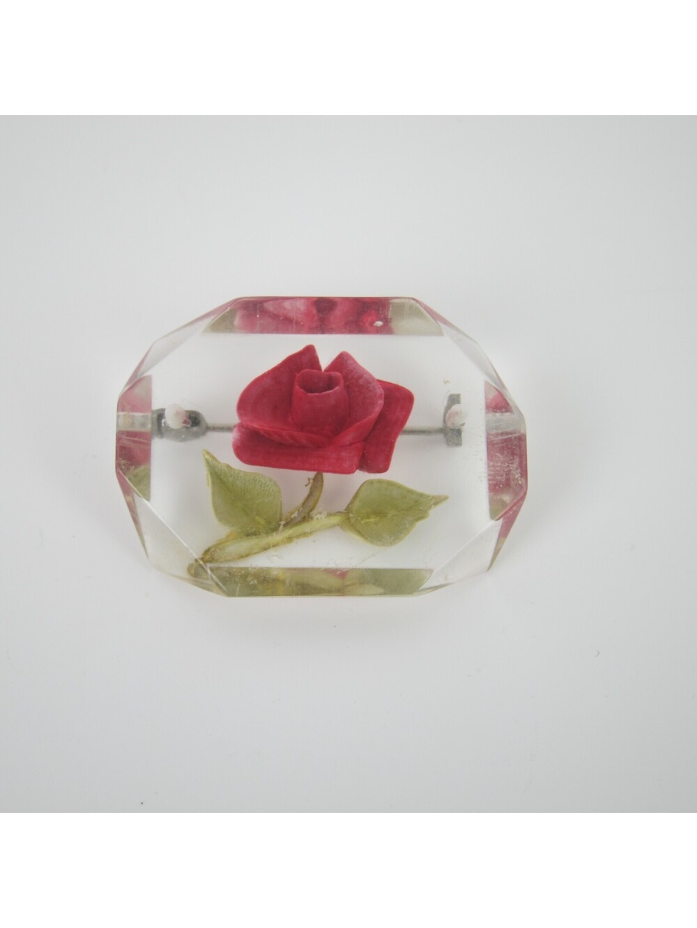 Vintage Pin Brooch Reverse Carved Red Rose Flower Clear Lucite 1.5" c. 1940s-50s